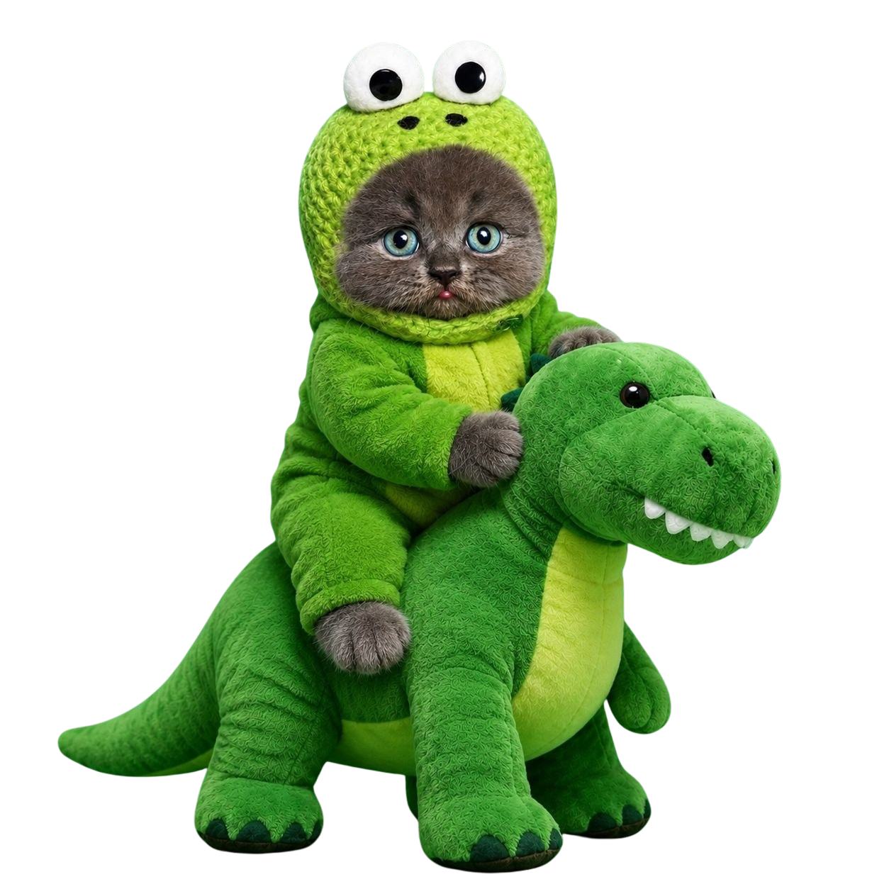 Frog Cat em seu dinossauro de pelúcia